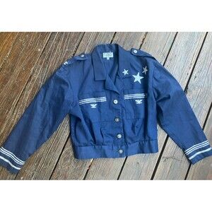 VINTAGE 1980s Crop NAVY BLUE MILITARY STYLE LADIES Costume JACKET 44 Embellished